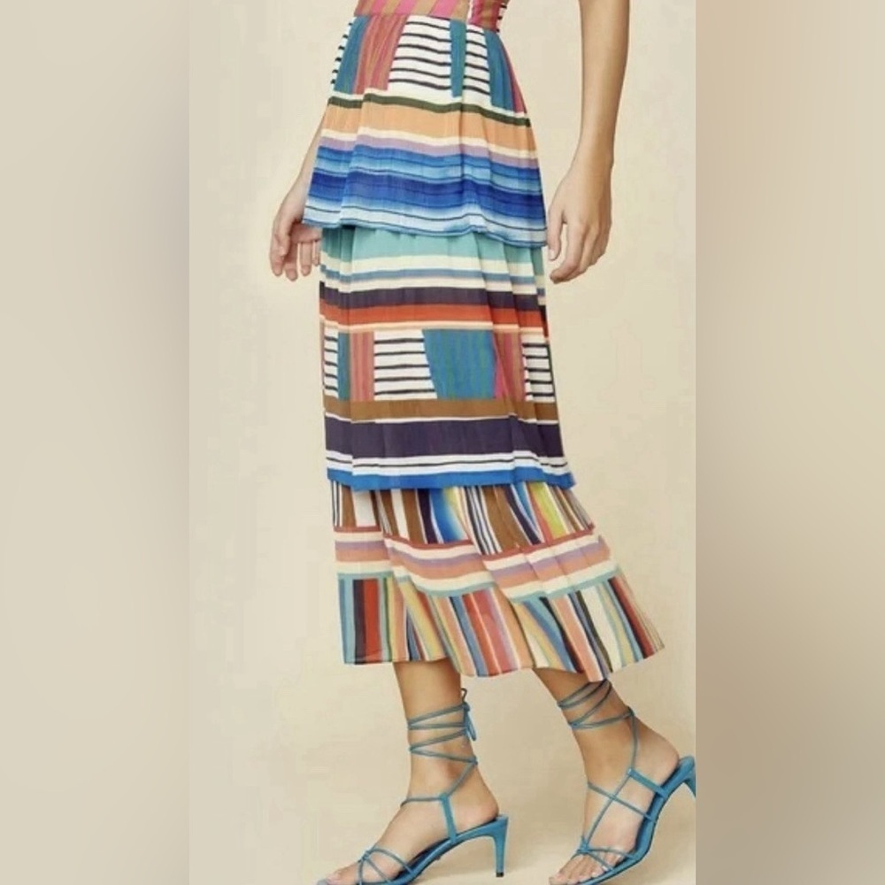 Farm Rio Womens Thalita Stripe Midi Pleated Tiered Skirt - Picture 5 of 5